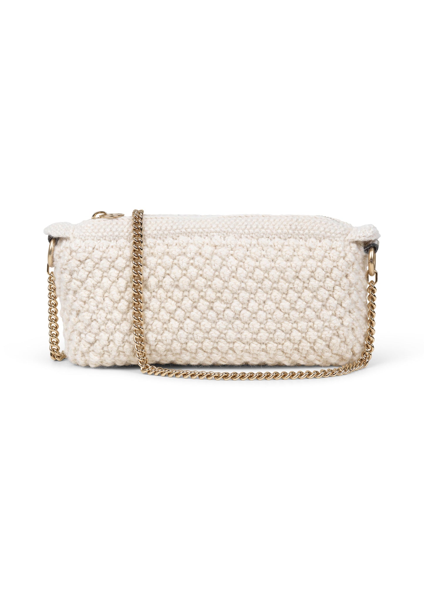 A textured white Helen Chain Purse by Aiayu, featuring a rectangular shape, a bubble knit design, and a luxurious gold chain strap.