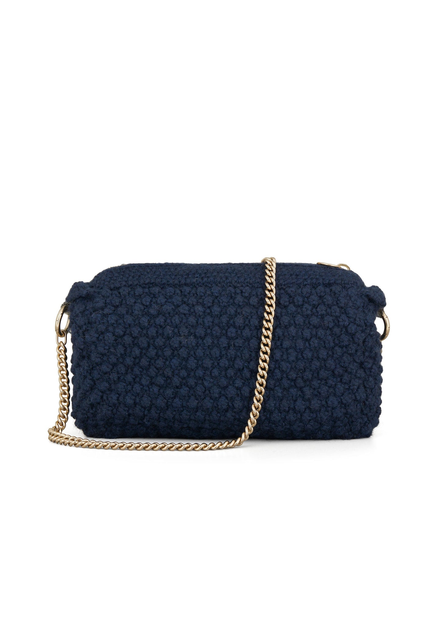 The Helen Chain Purse by Aiayu is a dark blue textured handbag with a gold chain strap, featuring a bubble knit design for added elegance.