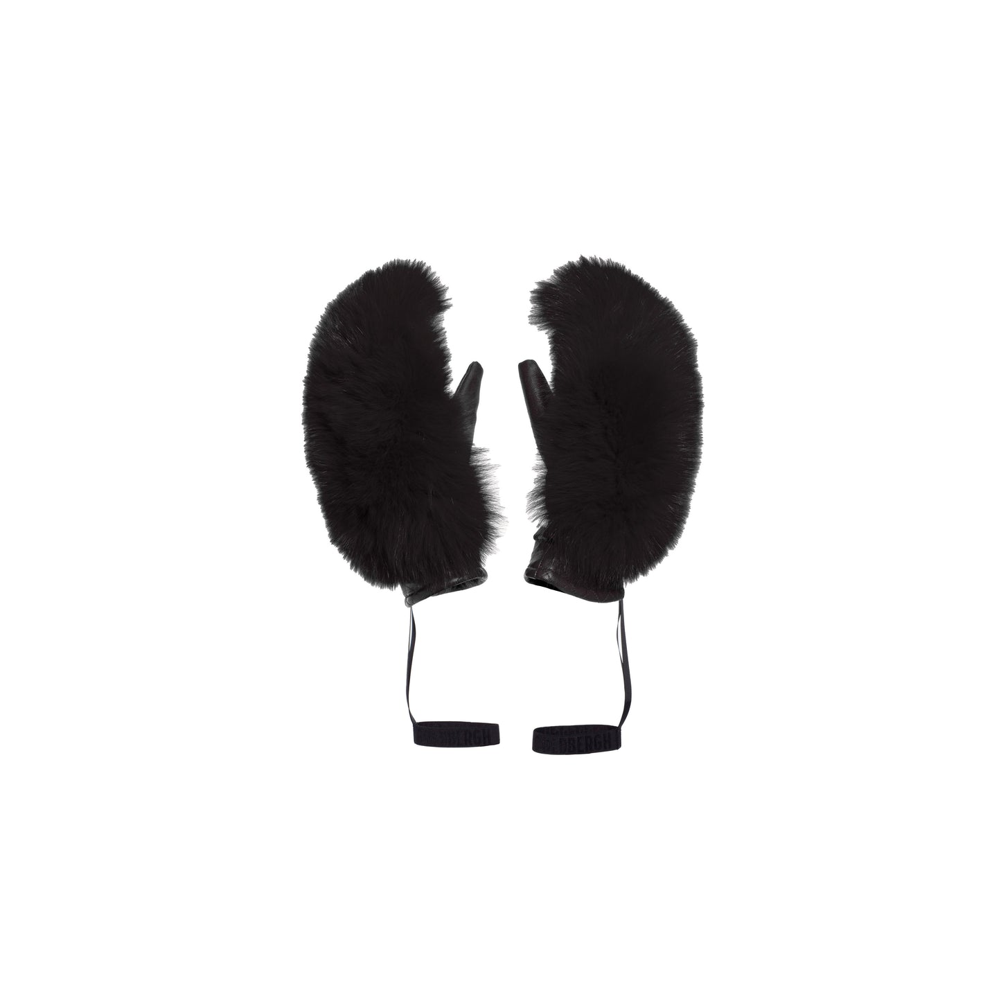 Hill Mittens by Goldbergh in black, featuring faux-fur cuffs and attached wrist straps, displayed side by side.