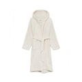 A Hooded Terry Bathrobe by Aiayu, made from Organic Chetna Cotton, hangs against a plain backdrop, highlighting its sustainable and high-quality craftsmanship from India.