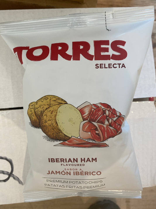 A bag of Westerlind's Iberian Ham Chips Small - Torres, featuring an image of sliced ham and potatoes on the packaging.