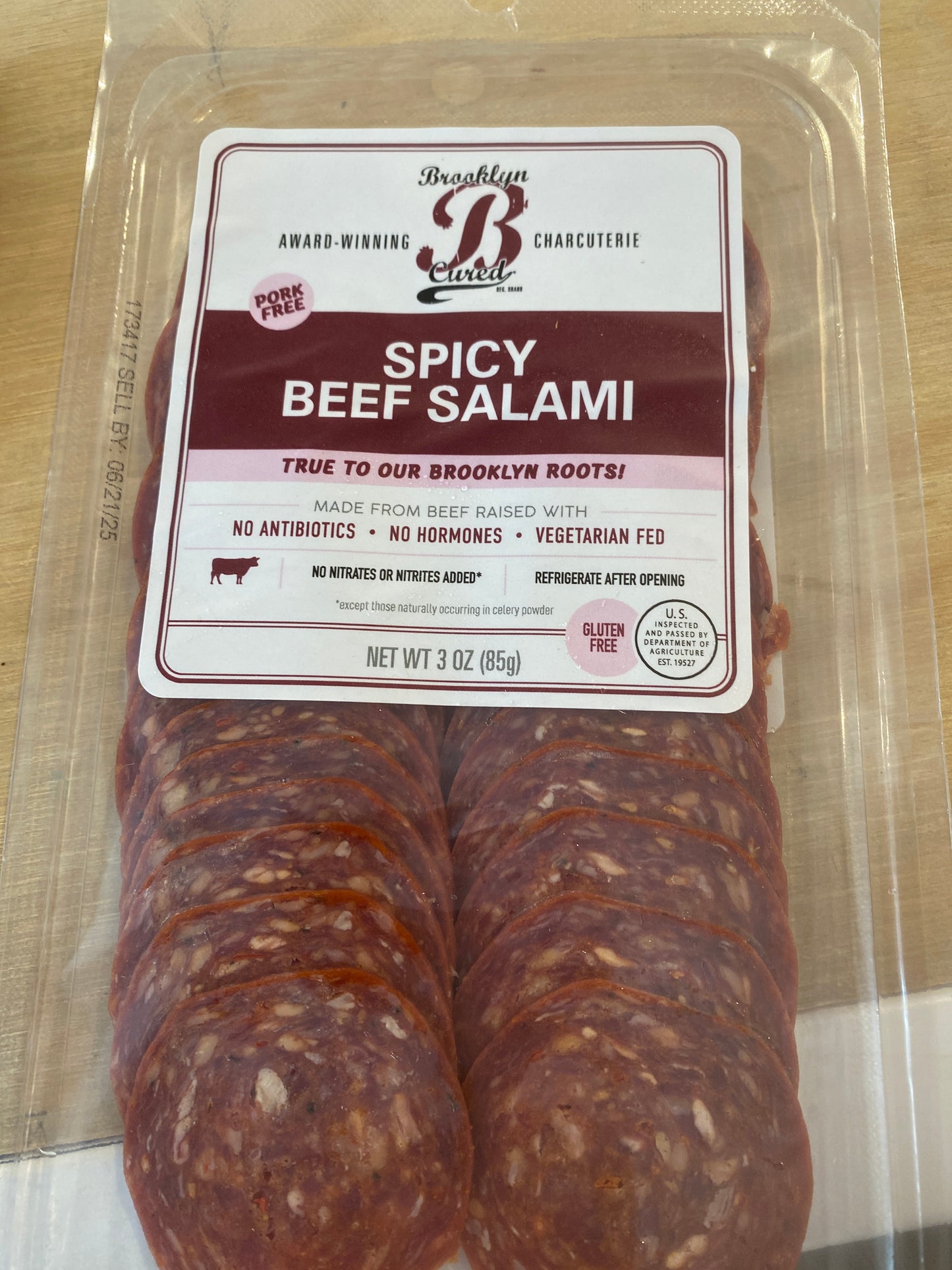 Package of Westerlind Brooklyn Cured Spicy Beef Salami, 3 oz, gluten-free, made from antibiotic and hormone-free vegetarian-fed beef, sliced and vacuum-sealed in clear packaging.