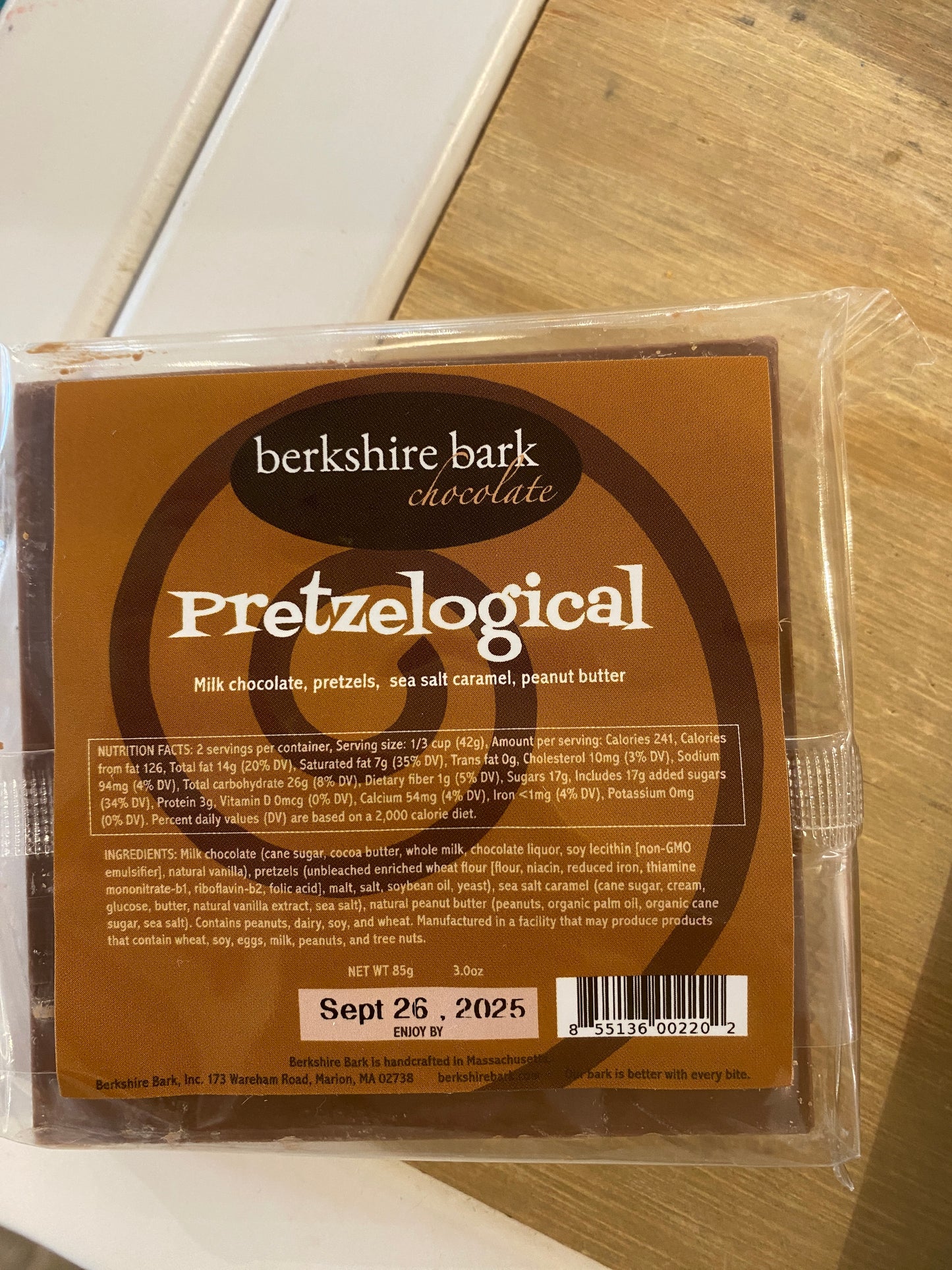 A Westerlind Berkshire Bark chocolate pack, "Pretzelogical" flavor, includes milk chocolate, pretzels, sea salt caramel, and peanut butter. Expires: September 26, 2025.