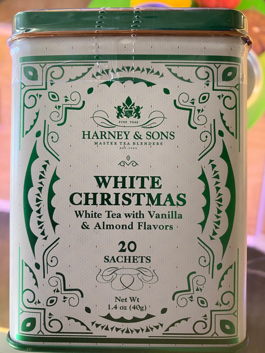 Tin of Westerlind's White Christmas Tea by Harney, featuring vanilla and almond flavors, with 20 sachets, net weight 1.4 oz (40g).