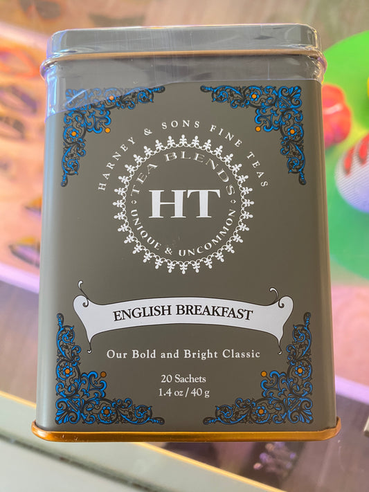 Tin of Harney - English Breakfast Tea by Westerlind, containing 20 sachets, featuring a decorative floral border on the label.