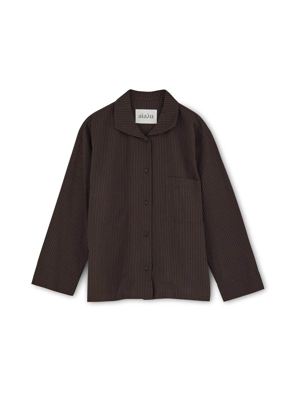 Introducing the Julio Shirt Petite by Aiayu, a brown button-up shirt featuring a collar and long sleeves, adorned with a subtle vertical pinstripe pattern and a single breast pocket on the left side. It is meticulously crafted from 100% organic Chetna cotton sourced from India.