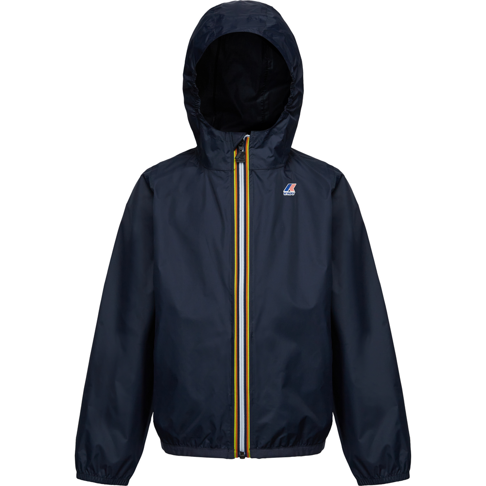 A K-Way K Le Vrai 3.0 Claude, Blue Depth with a front zipper that has a yellow, white, and red stripe. The jacket features a small logo on the chest.