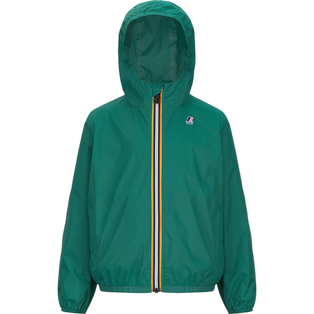 A K Le Vrai 3.0 Claude, Green hooded jacket with a front zipper, featuring a small logo on the left chest. This windproof, water-repellent jacket from K-Way is also packable for easy storage.