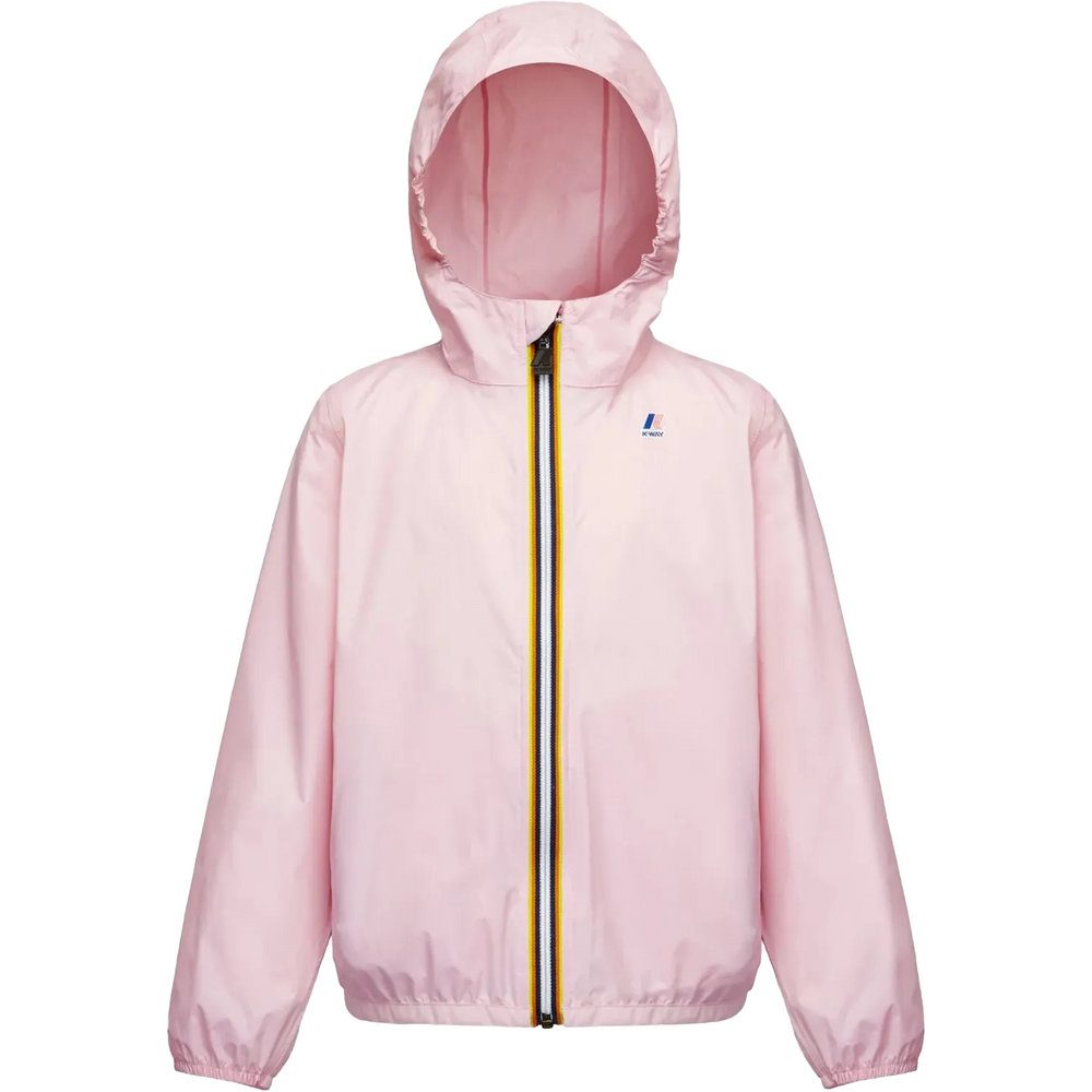 K-Way K Le Vrai 3.0 Claude, Pink hooded jacket with a front zipper featuring a yellow, blue, and white stripe. The packable jacket features an elastic waistband and small logo on the left chest.