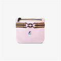 A small pink pouch with a black zip closure, featuring a multicolored striped belt and a metal clasp. The front displays a K-Way logo, reminiscent of the brand's packable and waterproof jackets. This is the K Le Vrai 3.0 Claude, Pink by K-Way.