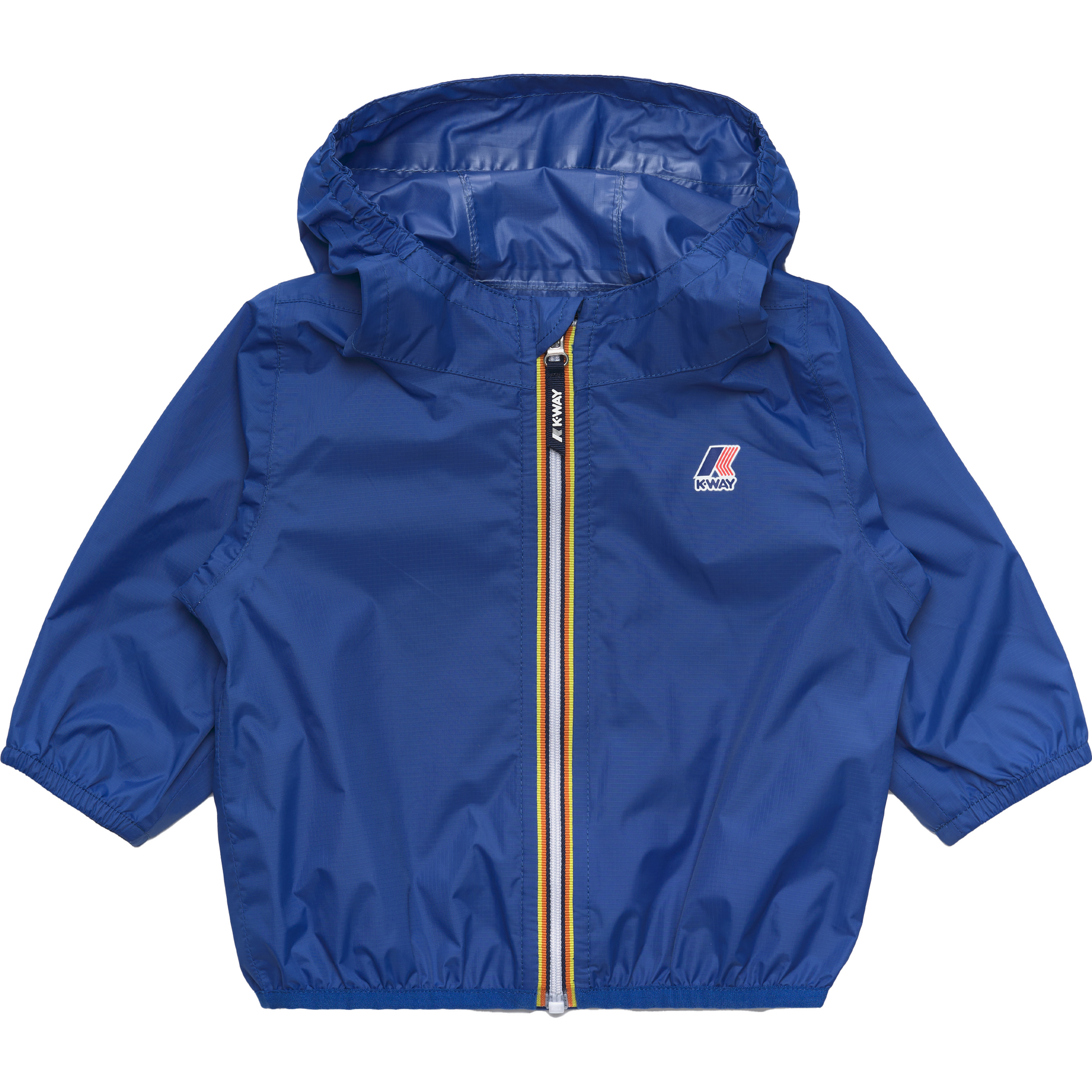 A K-Le Vrai 3.0 Claudine, Blue Royal Marine hooded jacket with a front zipper, featuring an elasticated hem and cuffs. Packable for convenience, it also boasts a small K-Way logo on the left chest.