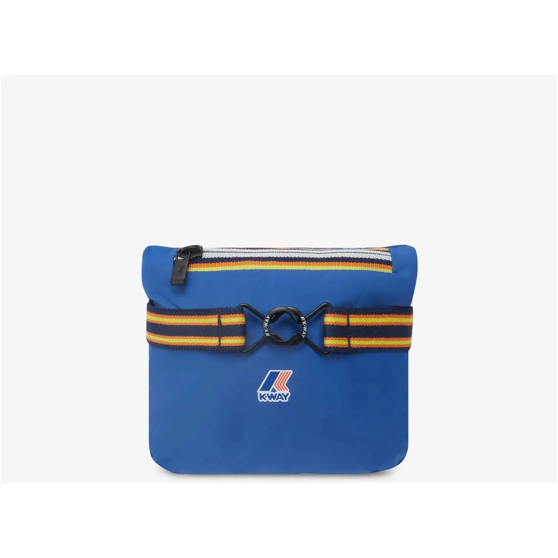 A blue, water-repellent crossbody bag with an orange and white logo in the center. It features a black and orange striped shoulder strap and a zipper closure at the top. This is the K Le Vrai 3.0 Claudine, Blue Royal Marine by K-Way.