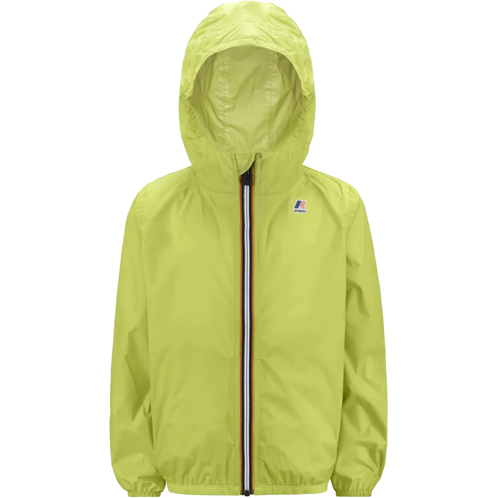 A green celery hooded, water-repellent K Le Vrai 3.0 Claudine by K-Way with a front zipper and elastic cuffs. This packable jacket features a small logo on the upper left side.