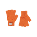 Displayed on a white background are a pair of orange fingerless knit gloves, skillfully crafted from premium Merino wool. The left glove proudly bears a label with the brand name "Le Bonnet," celebrated for its high-quality cold weather accessories made in Scotland.