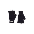 These black fingerless gloves by Le Bonnet, made from luxurious Merino wool with ribbed cuffs, are stylishly displayed against a white background and proudly crafted in Scotland.