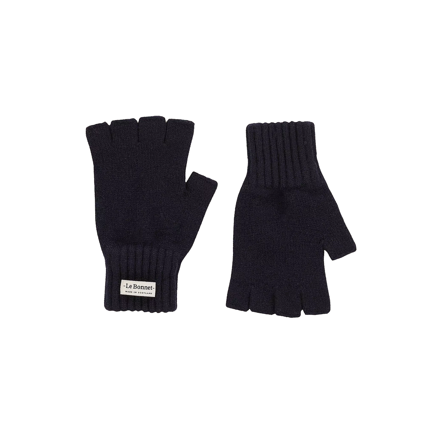 Crafted in Scotland from Merino wool, these two black fingerless gloves feature a ribbed cuff and one glove adorned with a "Le Bonnet" label, making them an essential addition to your cold weather accessories.