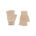 These cozy cold weather accessories, from the brand Le Bonnet, feature fingerless gloves crafted from luxurious Merino wool in a beige hue. With ribbed cuffs and a signature "Le Bonnet" label on one glove, they exemplify the fine craftsmanship of Scotland.