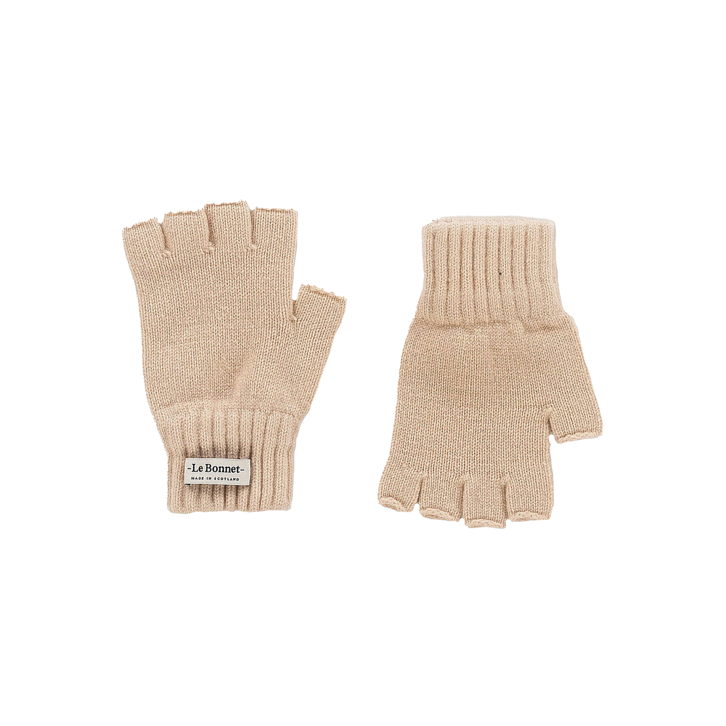 These cozy cold weather accessories, from the brand Le Bonnet, feature fingerless gloves crafted from luxurious Merino wool in a beige hue. With ribbed cuffs and a signature "Le Bonnet" label on one glove, they exemplify the fine craftsmanship of Scotland.