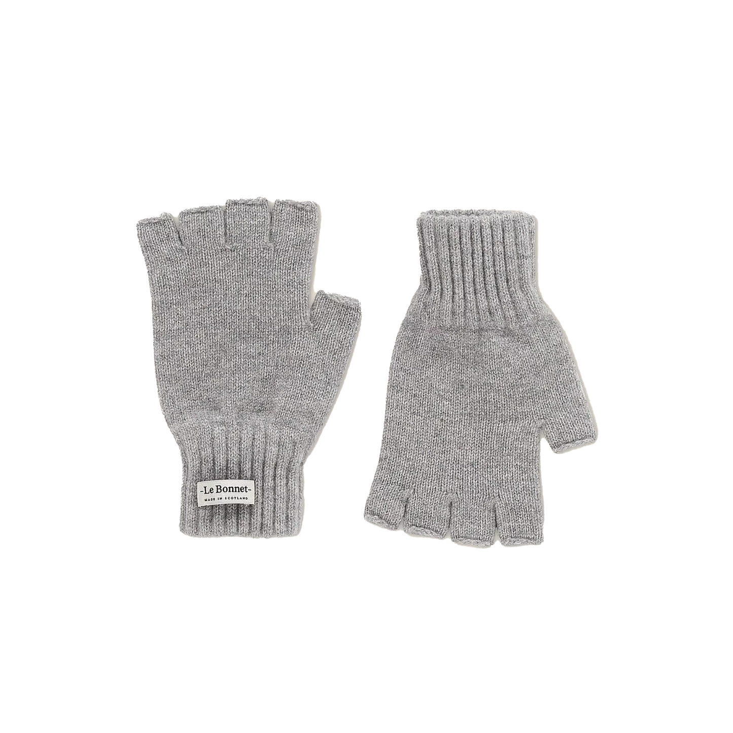 A pair of gray fingerless gloves by Le Bonnet, crafted from soft Merino wool, are displayed side by side on a light backdrop. Ideal for chilly days, they showcase the traditional craftsmanship of Scotland.