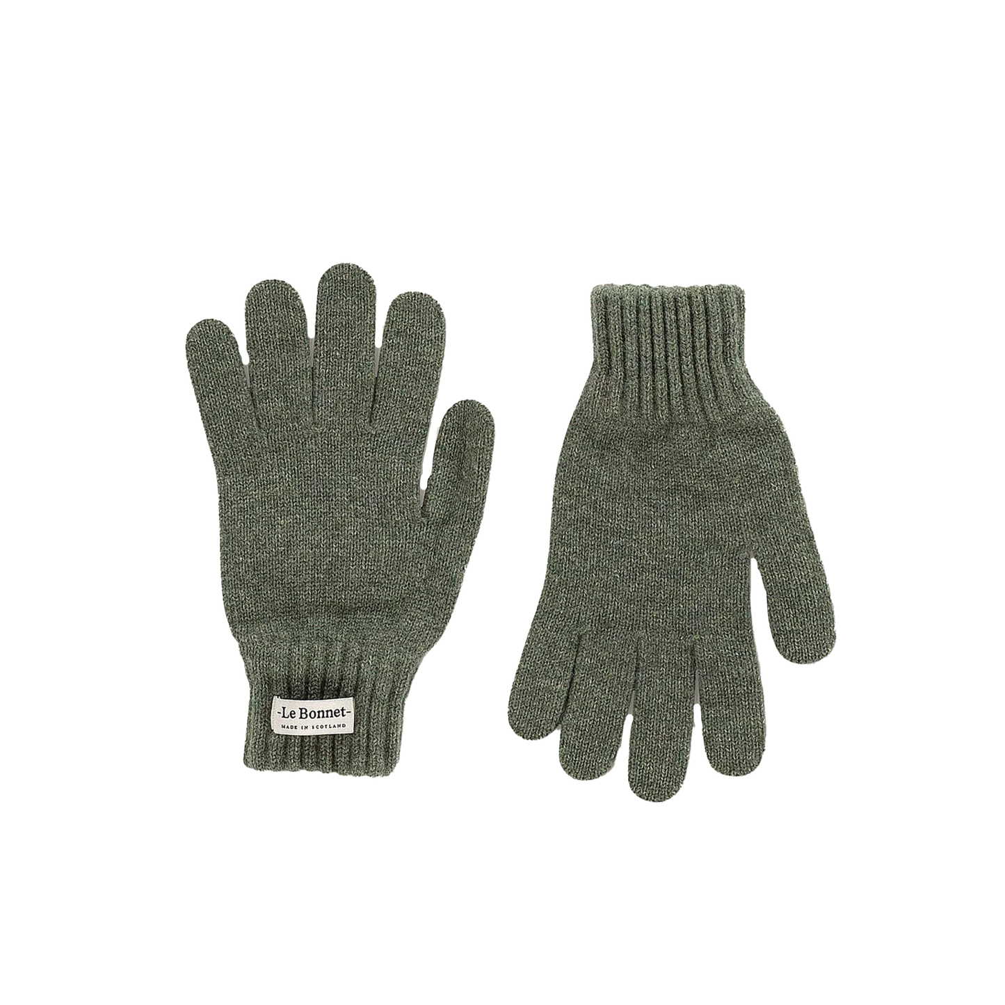 A pair of olive green gloves, crafted from luxurious Merino wool by the brand Le Bonnet, are laid flat on a light background. Ideal for chilly days in Scotland.