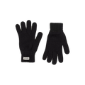 A pair of Le Bonnet black knitted gloves, made from cozy merino wool, features one glove palm-up and the other palm-down, with a small brand label on the cuff of one glove. Ideal for staying warm on those colder days.