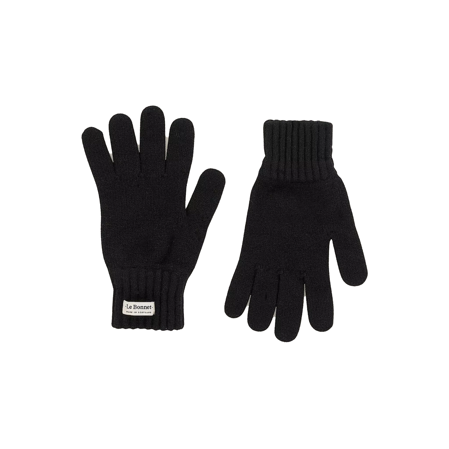 A pair of Le Bonnet black knitted gloves, made from cozy merino wool, features one glove palm-up and the other palm-down, with a small brand label on the cuff of one glove. Ideal for staying warm on those colder days.