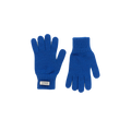 A pair of vibrant blue Le Bonnet knitted gloves crafted from soft Merino Wool, with one glove displaying the palm side featuring a label and the other showcasing the back, ideal for chilly days in Scotland.