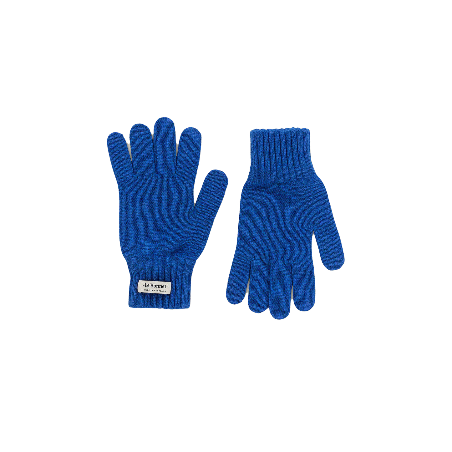 A pair of vibrant blue Le Bonnet knitted gloves crafted from soft Merino Wool, with one glove displaying the palm side featuring a label and the other showcasing the back, ideal for chilly days in Scotland.