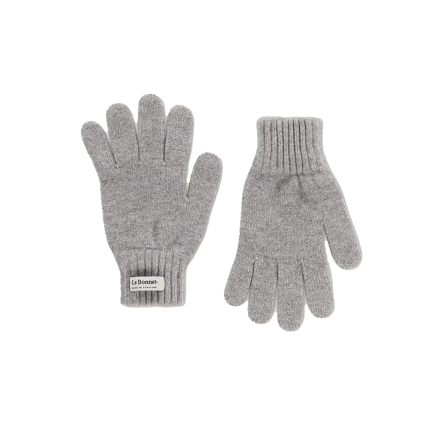 Le Bonnet's gray knitted gloves, made from soft Merino wool and featuring ribbed cuffs, are ideal for chilly days. Viewed from above, one glove includes a label that nods to their Scottish heritage.