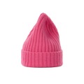 A large, bright pink ribbed knit beanie hat from Le Bonnet, made from luxurious lambswool with a chunkier texture and a pointed top, set against a plain background.