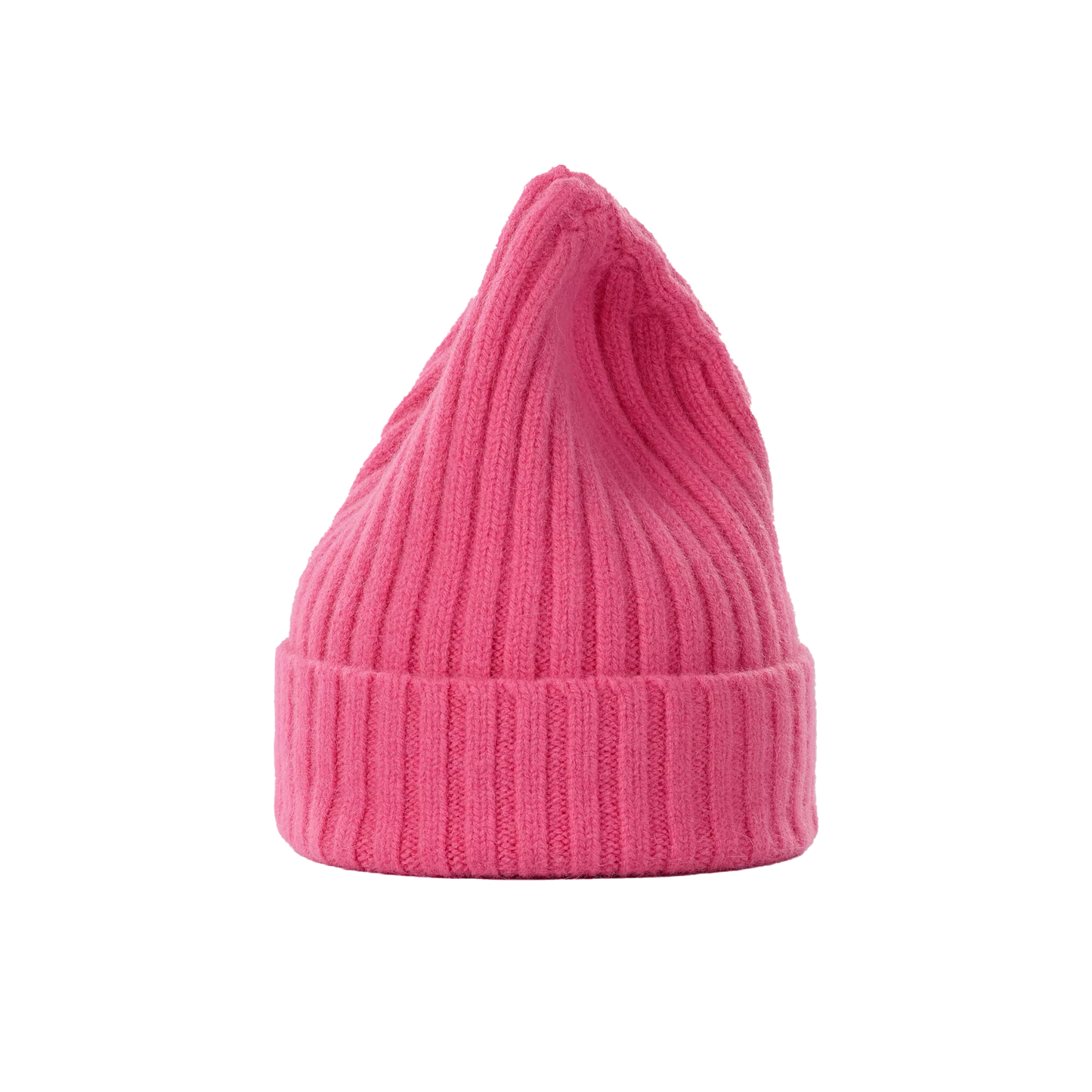 A large, bright pink ribbed knit beanie hat from Le Bonnet, made from luxurious lambswool with a chunkier texture and a pointed top, set against a plain background.