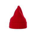 A Large Beanie from Le Bonnet, featuring a red, ribbed knit design with a pointed top, crafted from luxurious lambswool.