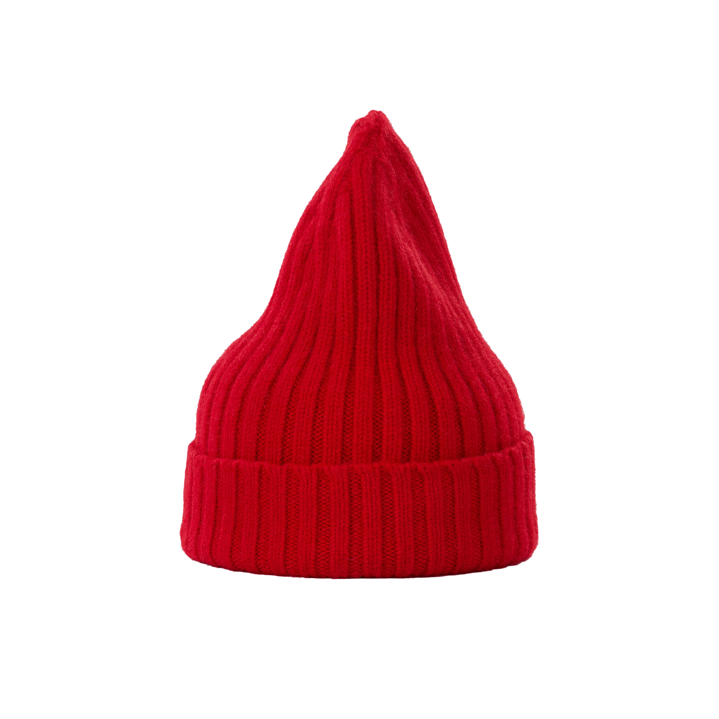 A Large Beanie from Le Bonnet, featuring a red, ribbed knit design with a pointed top, crafted from luxurious lambswool.