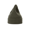 A large ribbed knit beanie in olive green with a pointed tip, crafted from 100% biodegradable lambswool by Le Bonnet, displayed on a plain background.