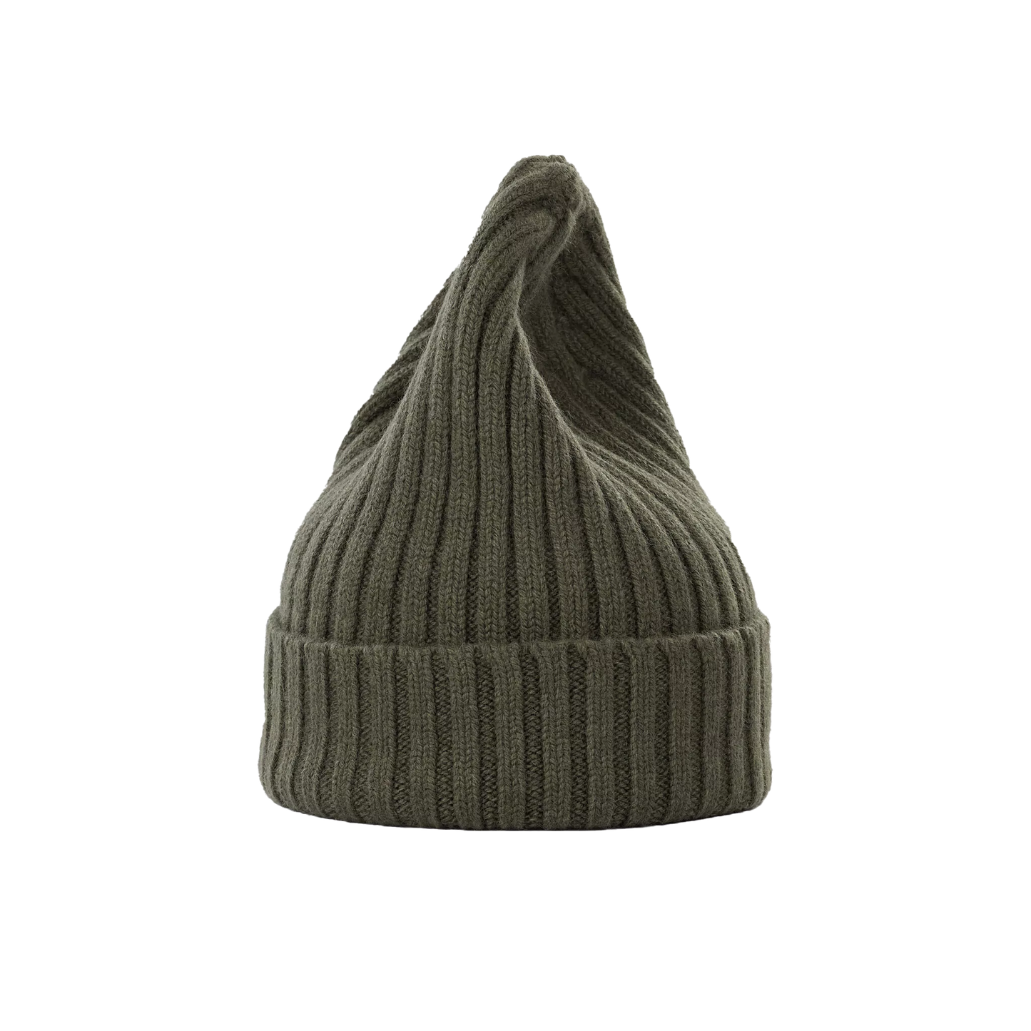 A large ribbed knit beanie in olive green with a pointed tip, crafted from 100% biodegradable lambswool by Le Bonnet, displayed on a plain background.