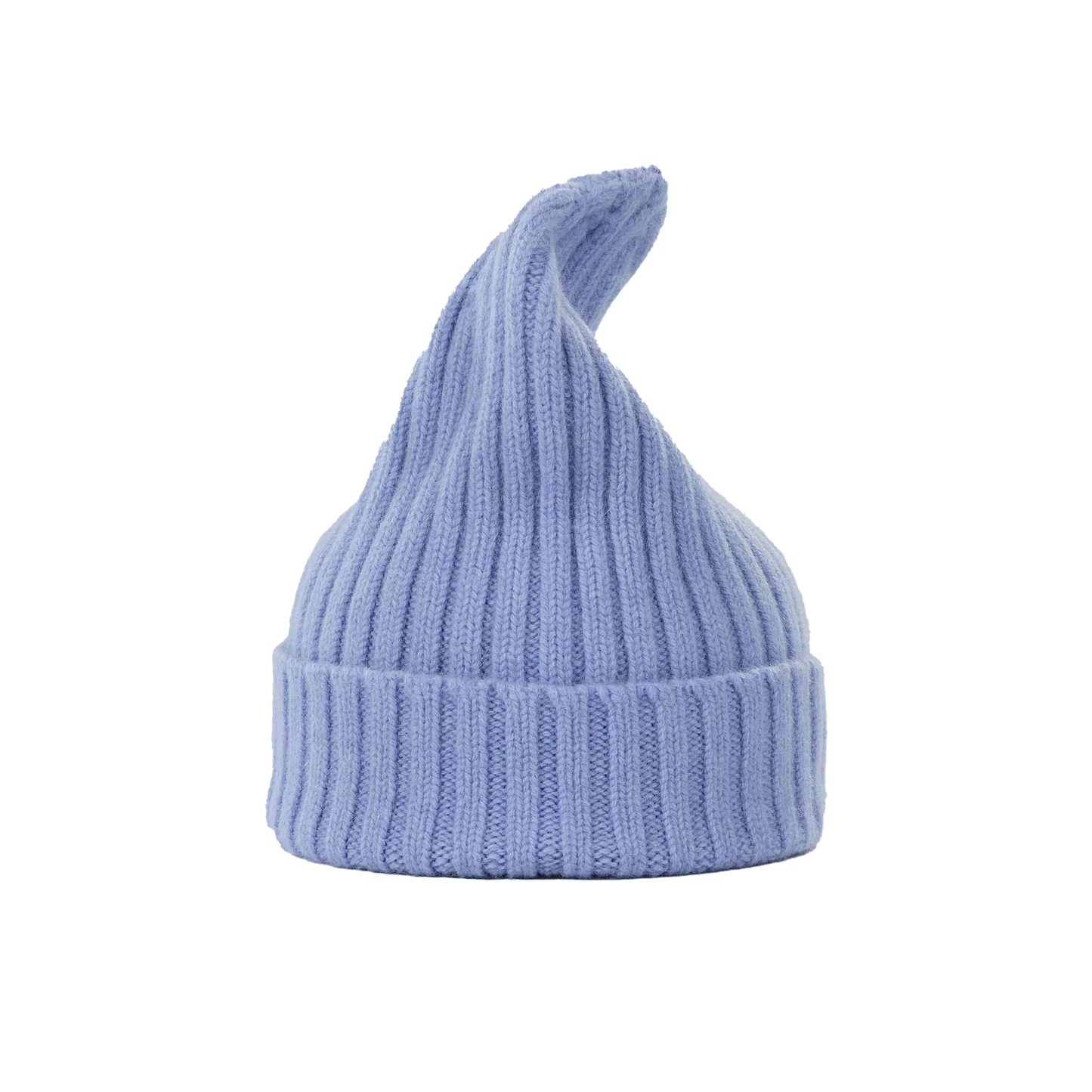 A light blue Large Beanie by Le Bonnet, crafted from lambswool in a ribbed knit design, featuring a pointed top and folded brim.