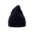 The Large Beanie by Le Bonnet, made from dark blue, 100% biodegradable lambswool, features a ribbed knit design with a fold-over brim and a pointed, slouched top.