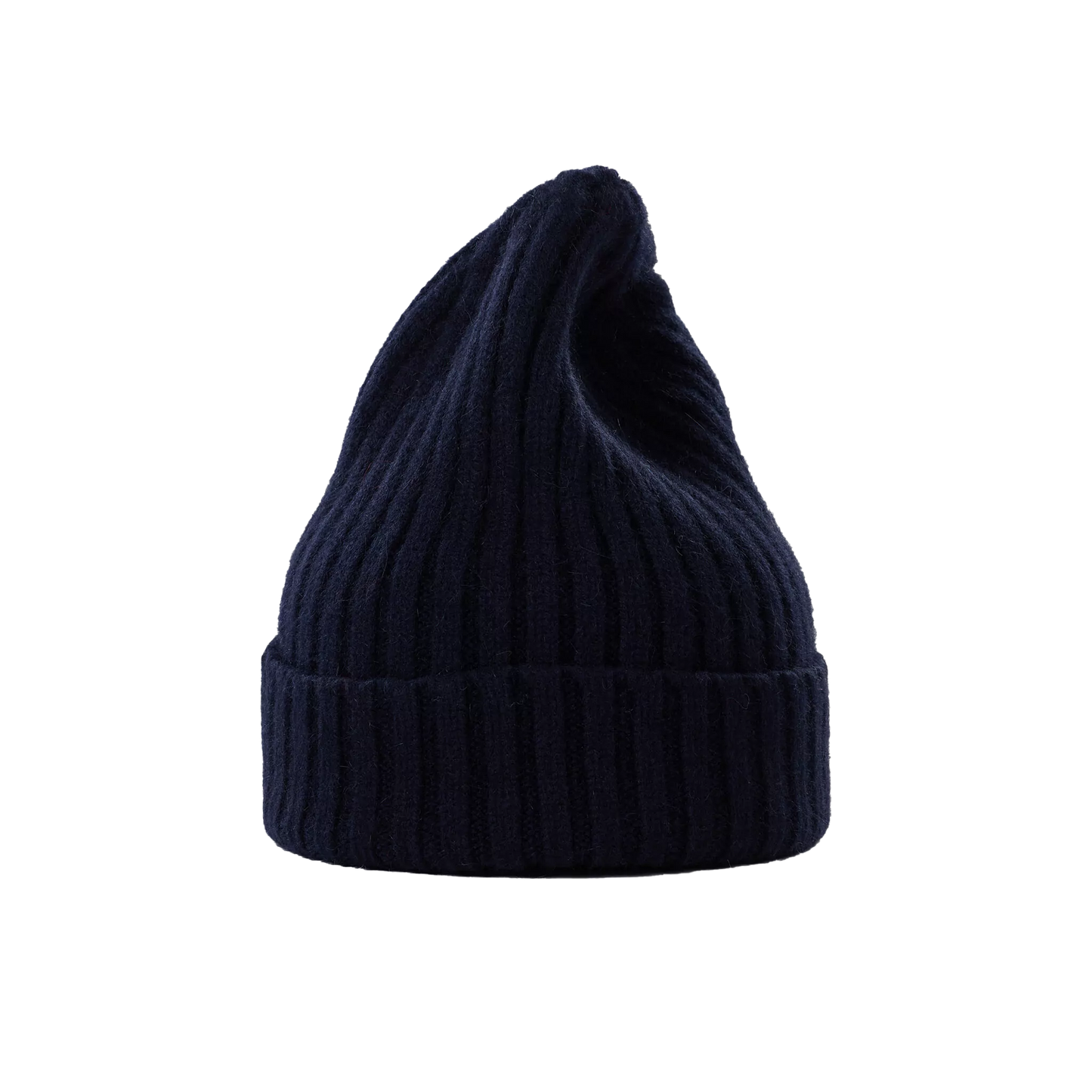 The Large Beanie by Le Bonnet, made from dark blue, 100% biodegradable lambswool, features a ribbed knit design with a fold-over brim and a pointed, slouched top.