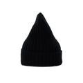 The Large Beanie by Le Bonnet is a black, ribbed, cone-shaped knit hat with a folded brim, crafted from luxurious lambswool.