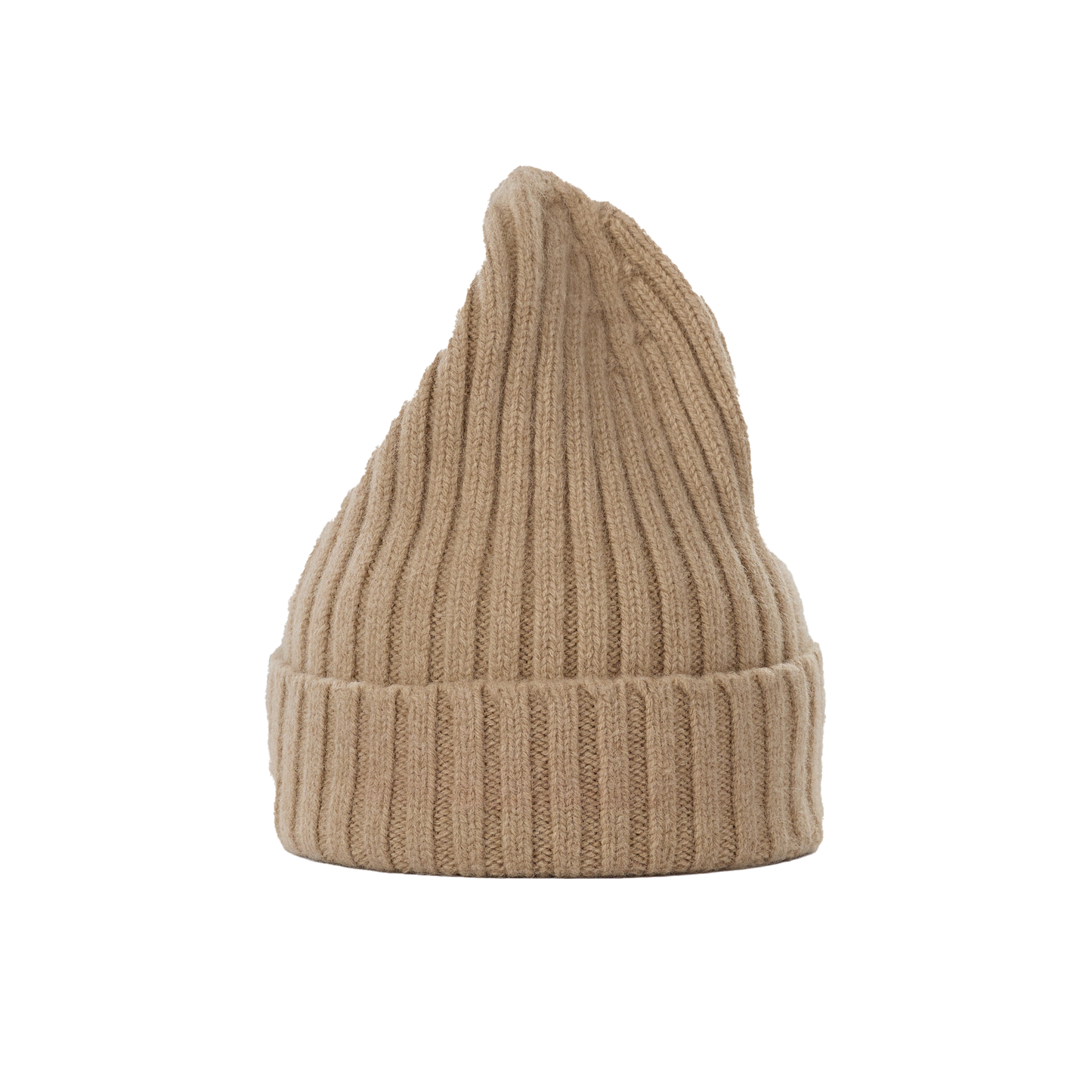 The Le Bonnet Large Beanie is a beige, ribbed-knit hat with a folded brim and a pointed top, providing extreme comfort for those chilly days.