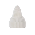 Le Bonnet's Large Beanie, a white, rib-knit, cone-shaped hat made from 100% biodegradable lambswool, features a folded brim and is showcased against a plain background.