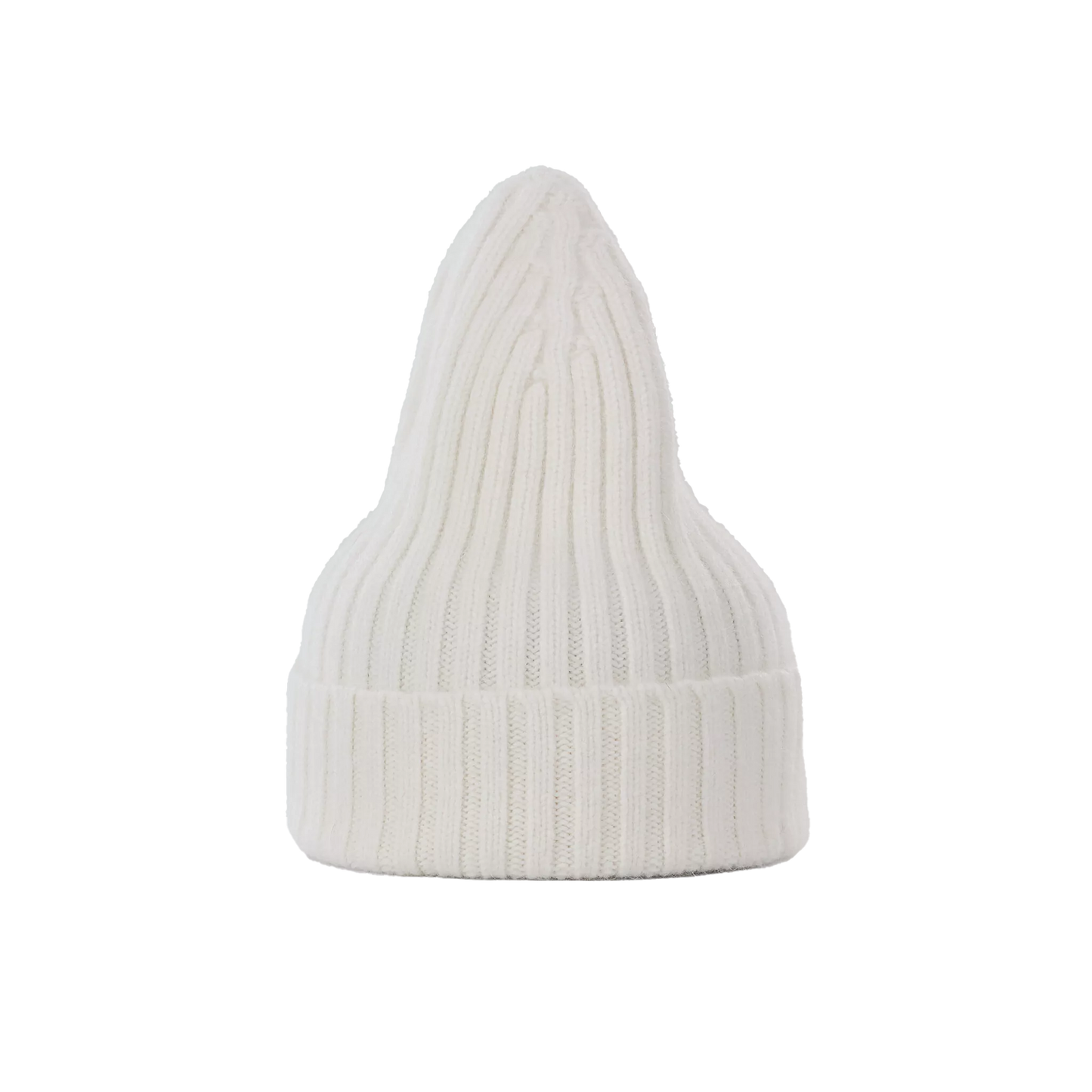 Le Bonnet's Large Beanie, a white, rib-knit, cone-shaped hat made from 100% biodegradable lambswool, features a folded brim and is showcased against a plain background.