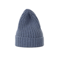 A large beanie by Le Bonnet, crafted from ribbed knit lambswool in a light blue shade with a folded brim, is displayed against a plain gray background.