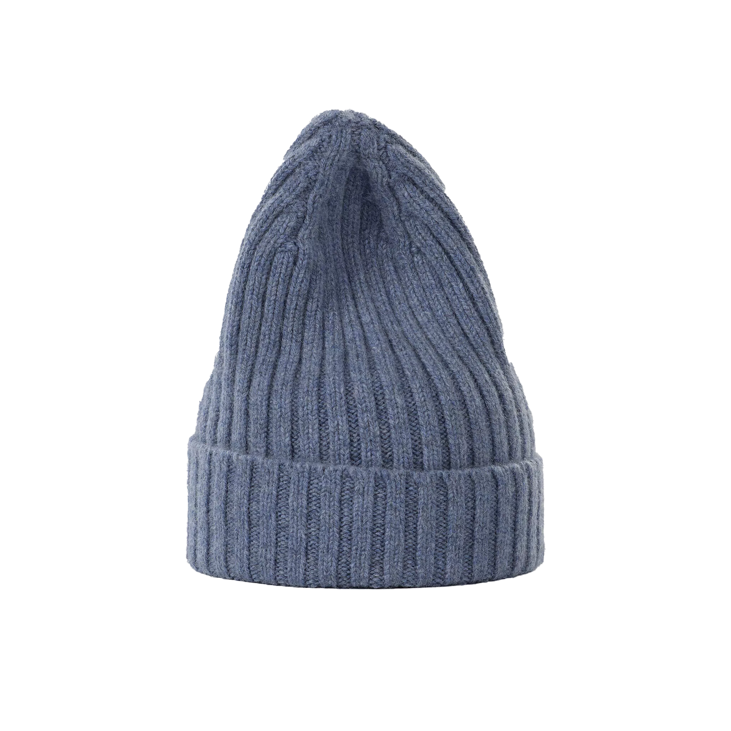 A large beanie by Le Bonnet, crafted from ribbed knit lambswool in a light blue shade with a folded brim, is displayed against a plain gray background.