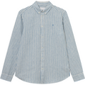 A long-sleeve, linen Kristian Linen B.D. Shirt in Washed Denim Blue/Ivory by Les Deux, featuring a button-down collar and a small embroidered Encore logo on the left chest.