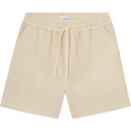 A pair of Kevin Boucle Shorts, Ivory by Les Deux with a stretchy waist and drawstring, featuring two side pockets made from cozy bouclé fabric.