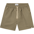 Les Deux Stan AOP Swim Shorts 2.0 in Light Desert Sand/Cherrywood feature a comfy drawstring waist, elastic waistband, green circular pattern design, and are made from 100% recycled polyester.