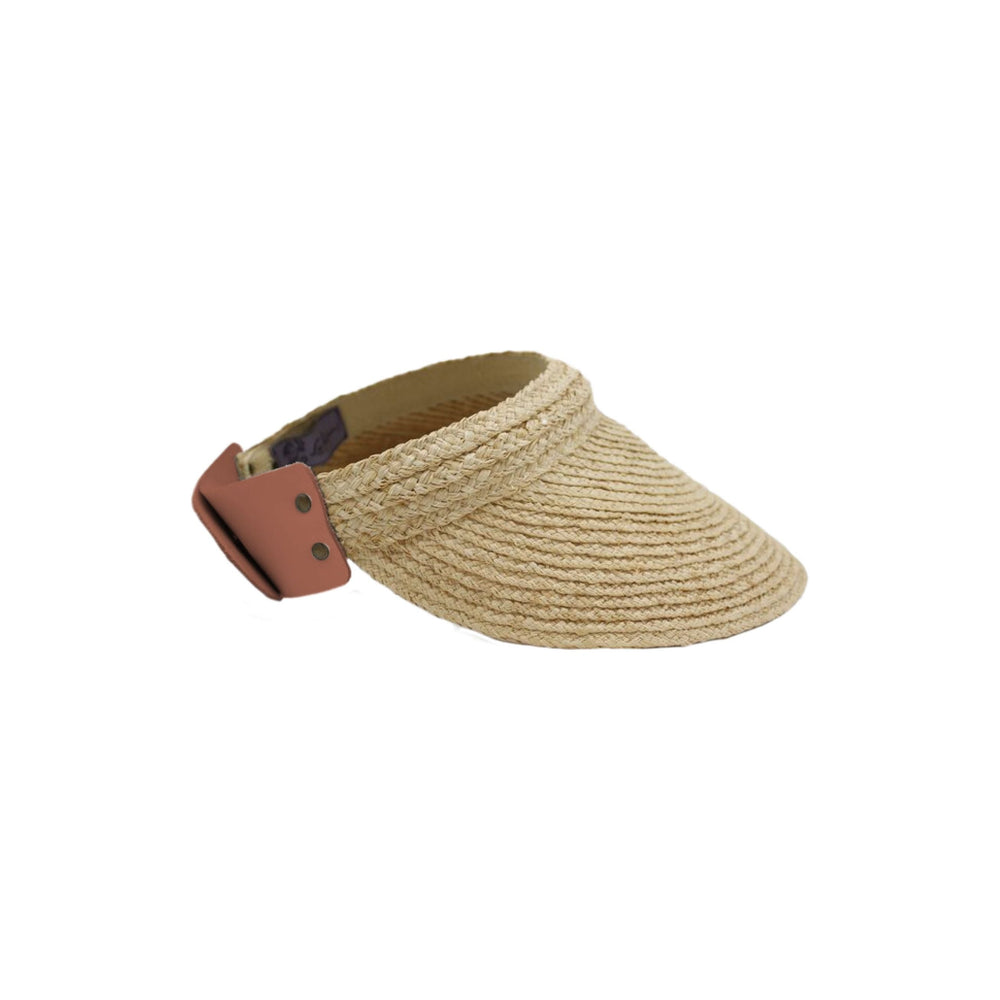 A Marquee Visor, Natural w/ Brown Leather by Lola Hats, featuring a beige woven straw with a wide brim, sleek minimalist design, and an adjustable brown strap on the back.