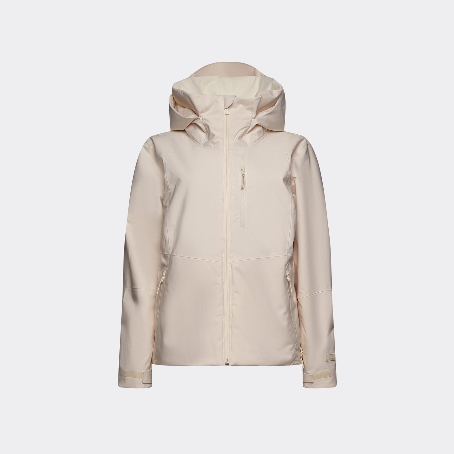 The Lawrence Jacket by Halfdays, a beige insulated women's ski jacket, features a front zipper and pockets and is showcased against a plain white background.