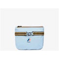 A light blue K-Way pouch with a zipper and striped strap across the front, featuring the K-Way logo and a small buckle, perfect for storing your Le Vrai 3.0 Claude, Azure LT Marine from K-Way.